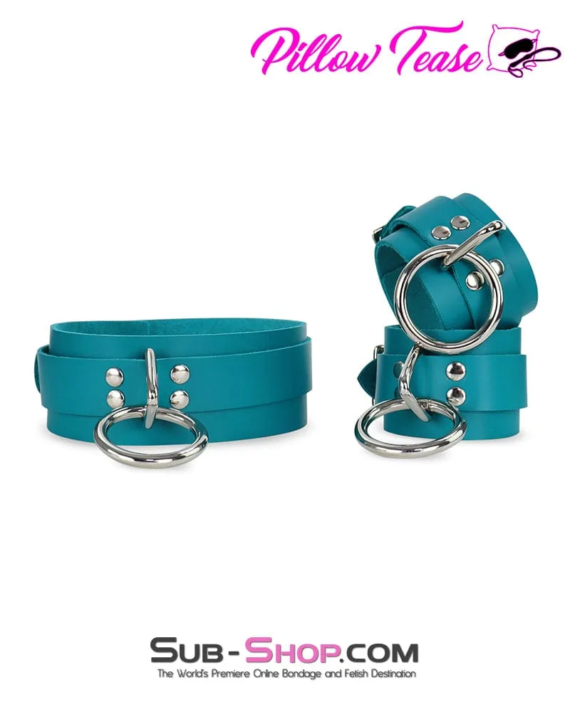 0219A      Leather Bondage Wrist Cuffs, Ocean Blue Color