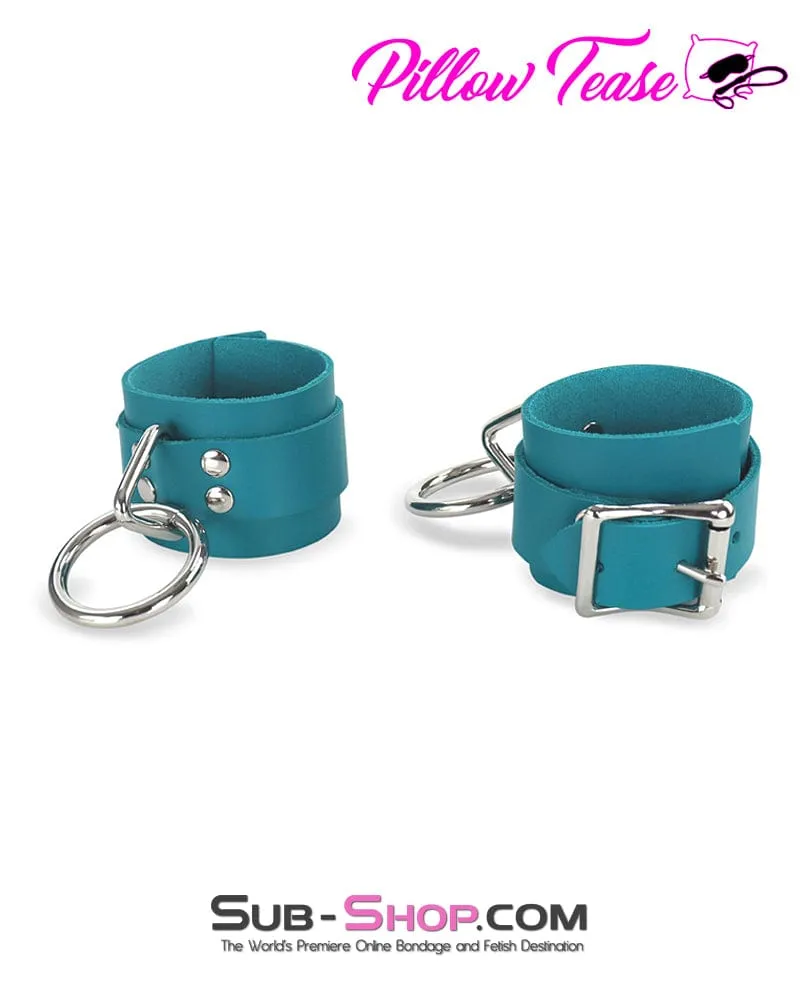 0219A      Leather Bondage Wrist Cuffs, Ocean Blue Color