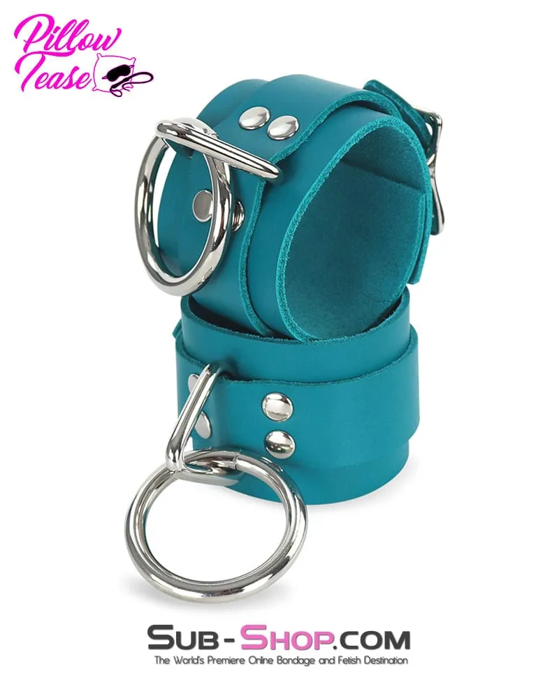 0219A      Leather Bondage Wrist Cuffs, Ocean Blue Color