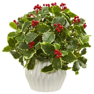 15' Holly Leaf Artificial Plant in White Vase (Real Touch)