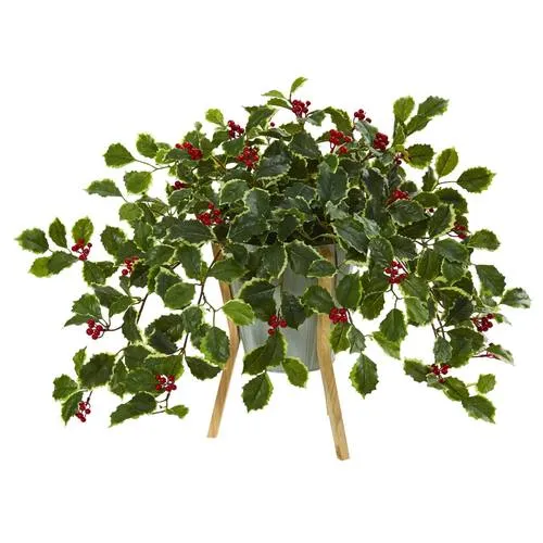 22" Variegated Holly Berry Artificial Plant in Green Planter with Stand (Real Touch)