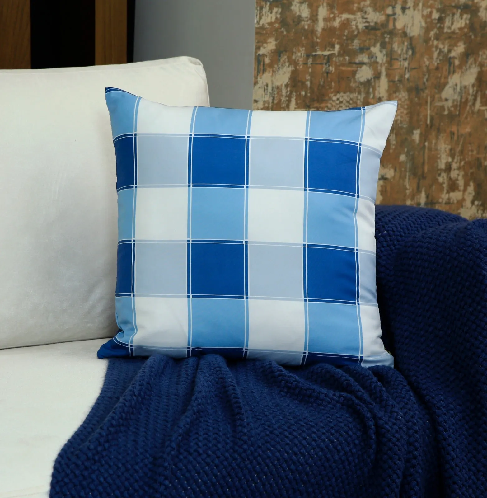 4 PCs Digital Printed Cotton Cushions-Blue Check