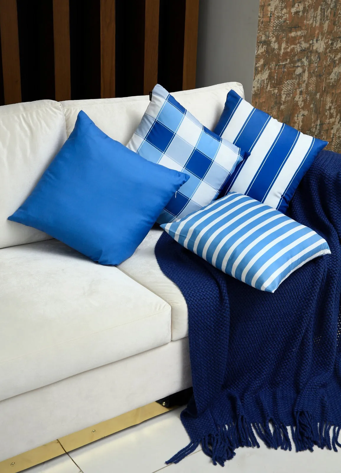 4 PCs Digital Printed Cotton Cushions-Blue Check