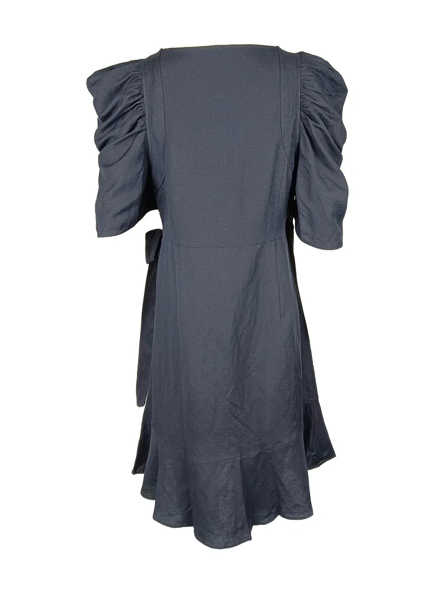 7240006 Ruffles Wrap Linen Dress *Black