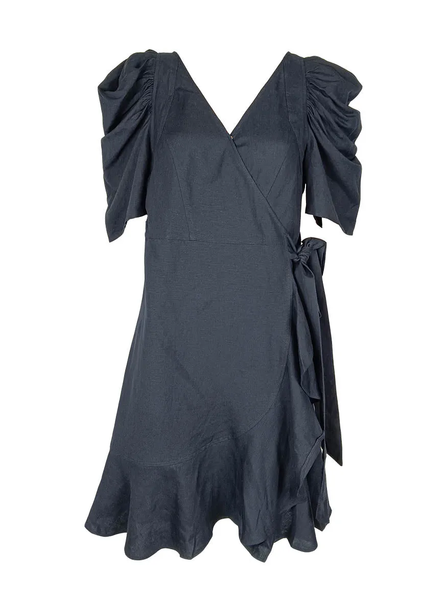 7240006 Ruffles Wrap Linen Dress *Black