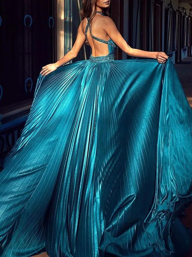 A-Line Prom Dresses Sexy Dress Formal Evening Sweep / Brush Train Sleeveless Halter Charmeuse with Pleats 2023