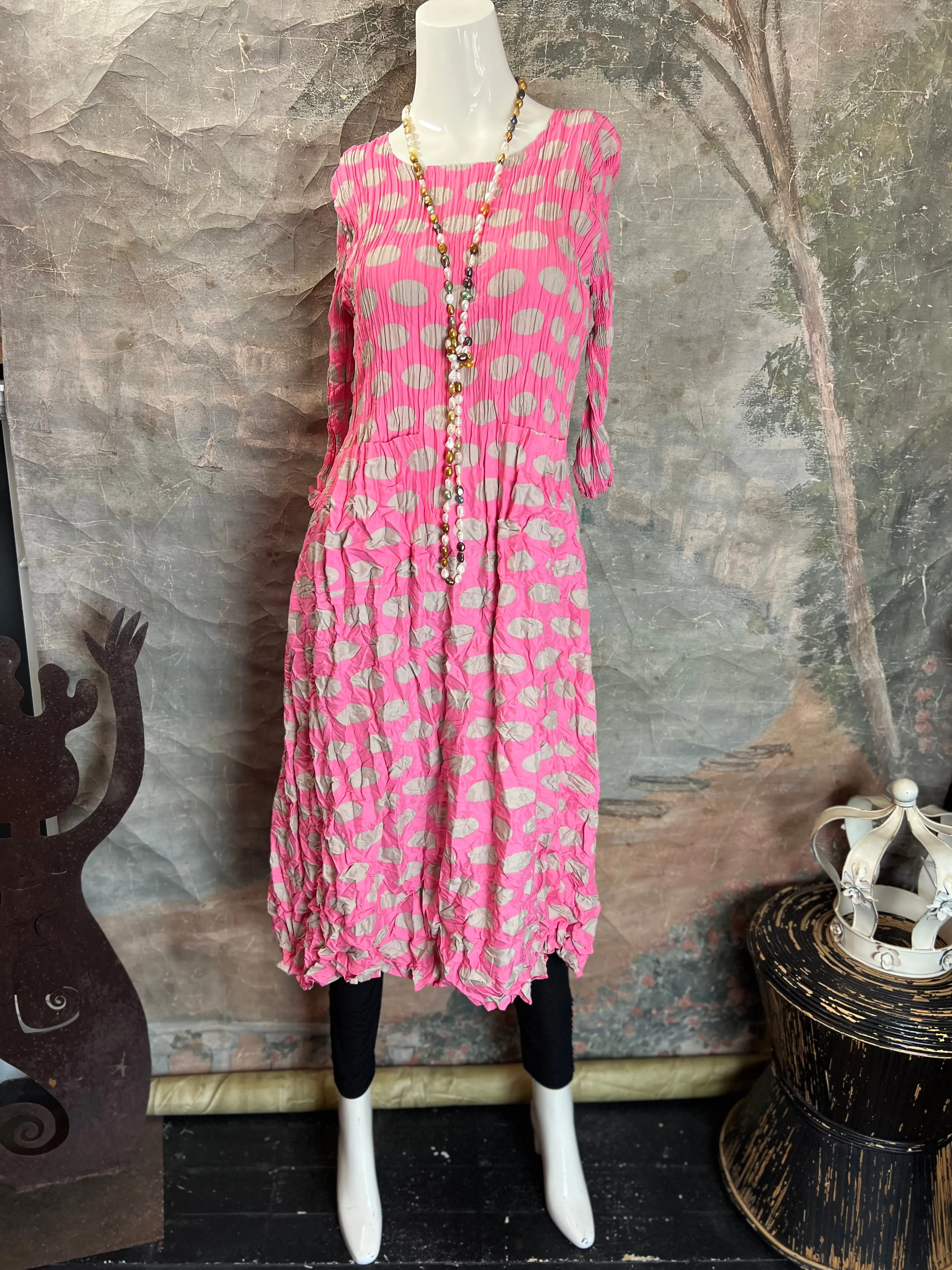 ACD544 3/4 Slv Smash Dress-Pink & Beige Spot