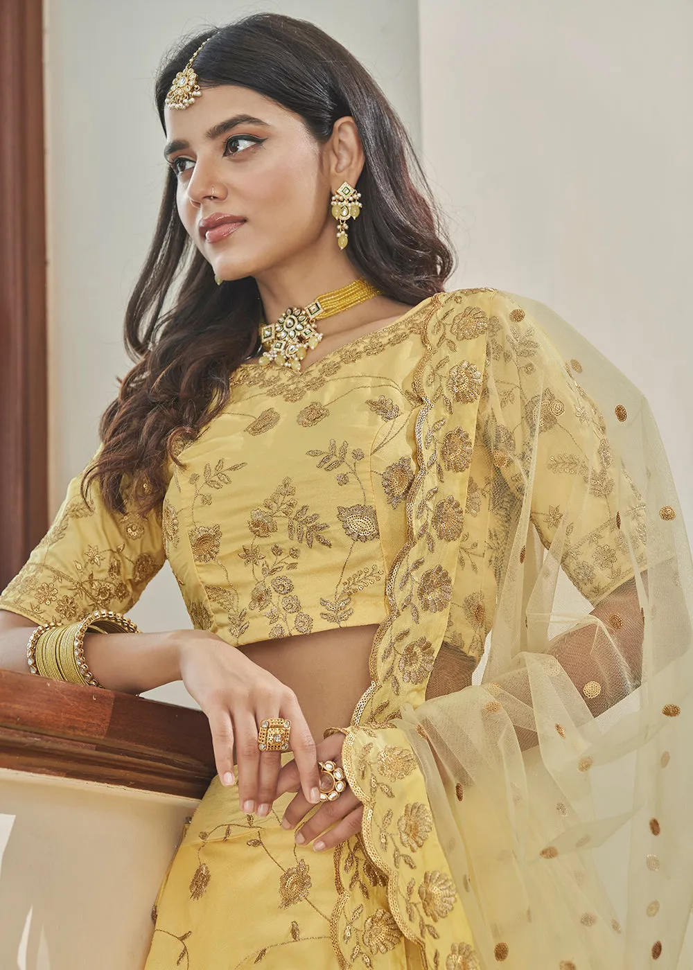 Adorning Art Silk Light Yellow Wedding Lehenga Choli