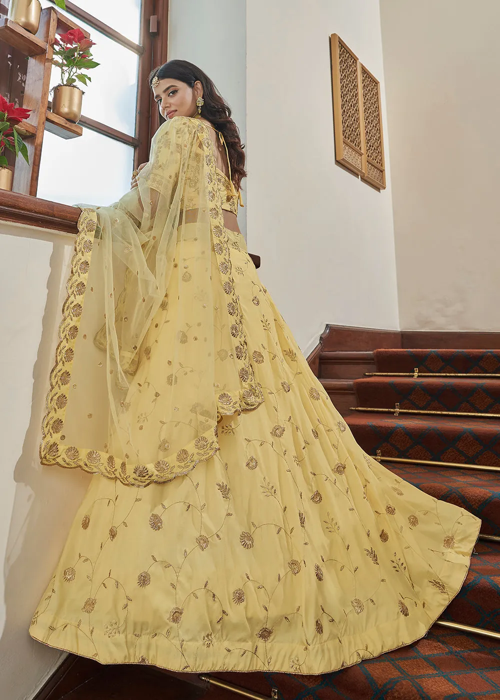 Adorning Art Silk Light Yellow Wedding Lehenga Choli