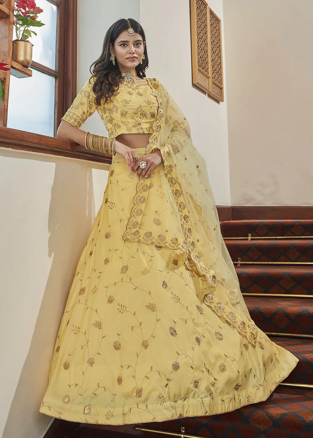 Adorning Art Silk Light Yellow Wedding Lehenga Choli