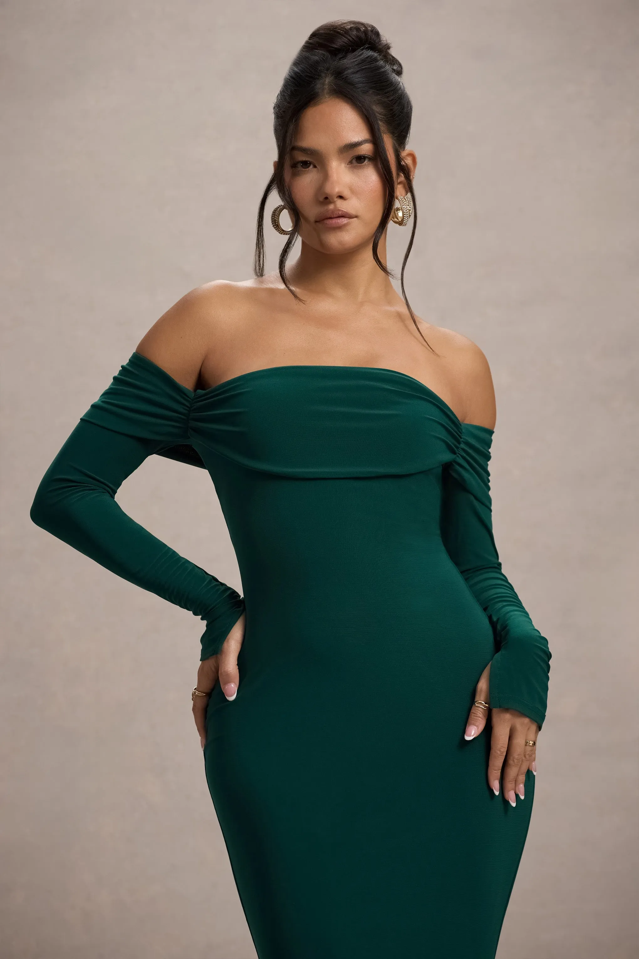 Amaia | Bottle Green Bardot Long-Sleeve Maxi Dress