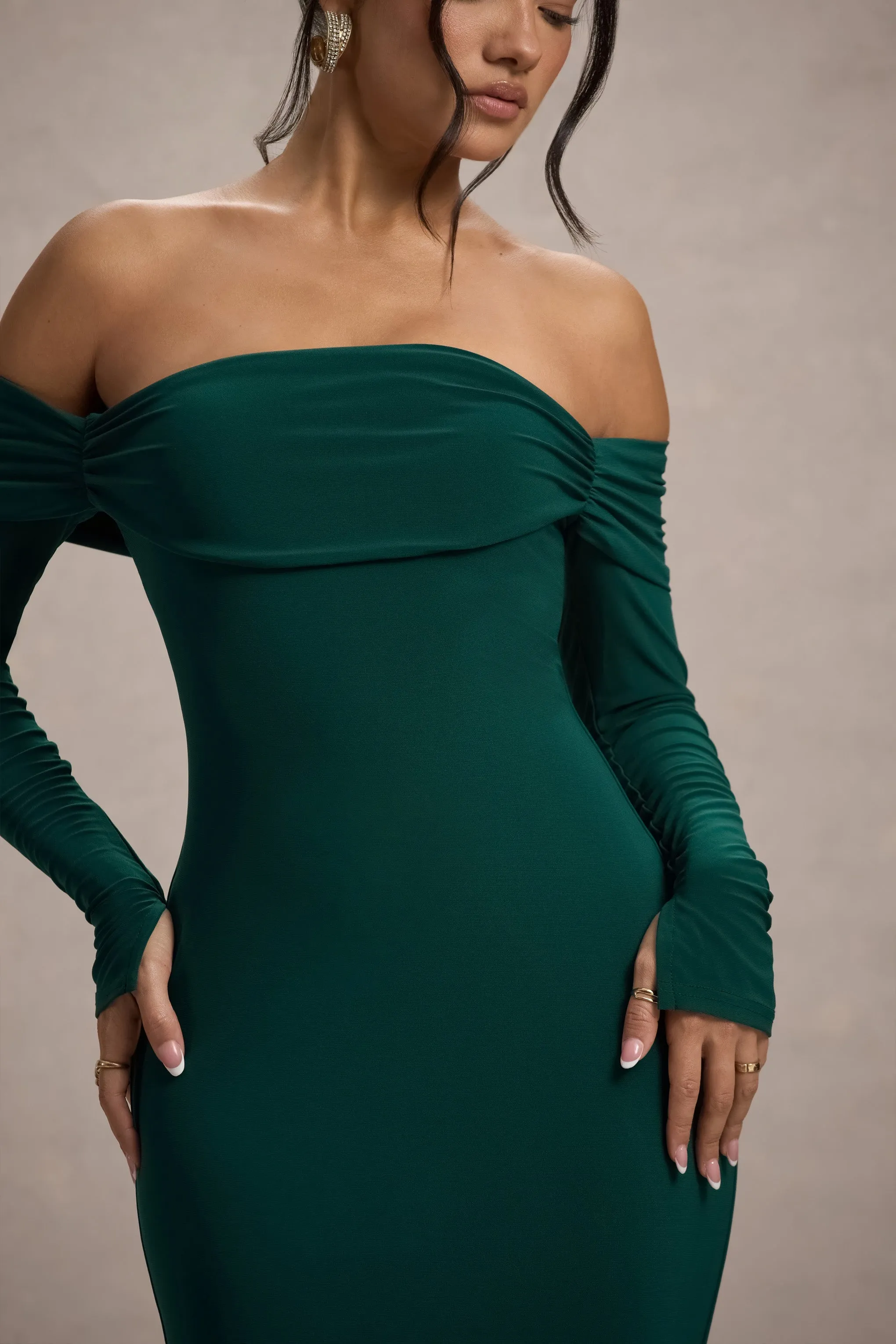 Amaia | Bottle Green Bardot Long-Sleeve Maxi Dress