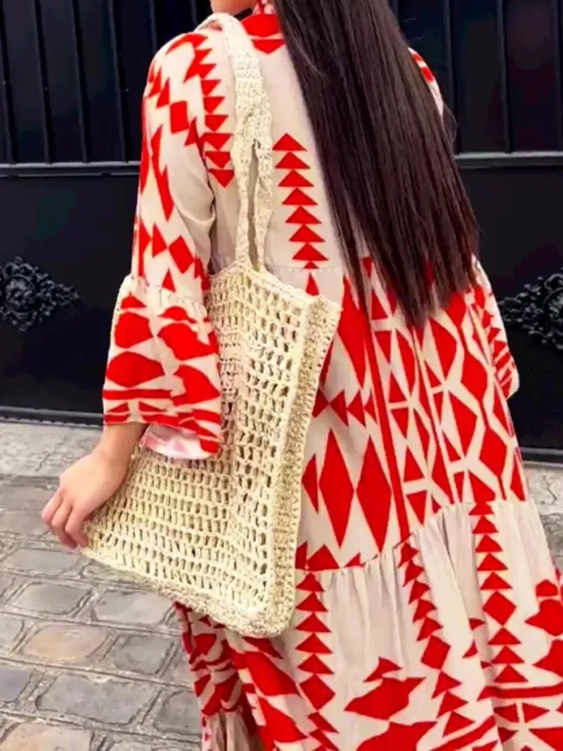 Amy Fashion - Elegant Geometric V-Neck Autumn Boho Dress