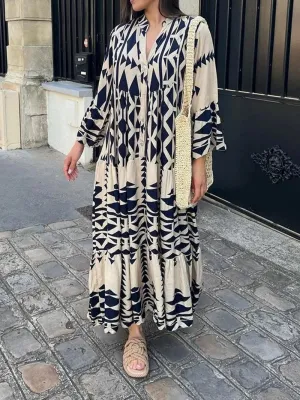 Amy Fashion - Elegant Geometric V-Neck Autumn Boho Dress