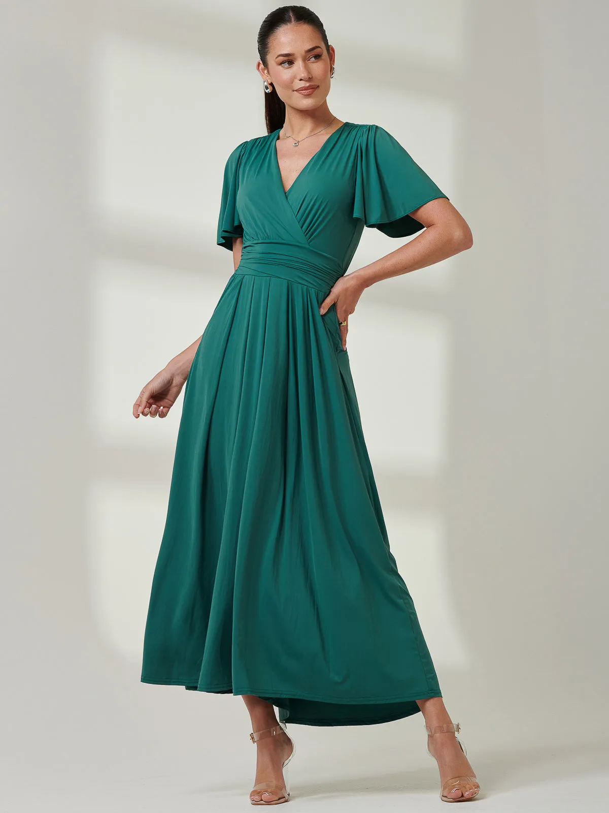 Angel Sleeve Super-Smooth Jersey Maxi Dress, Dark Teal