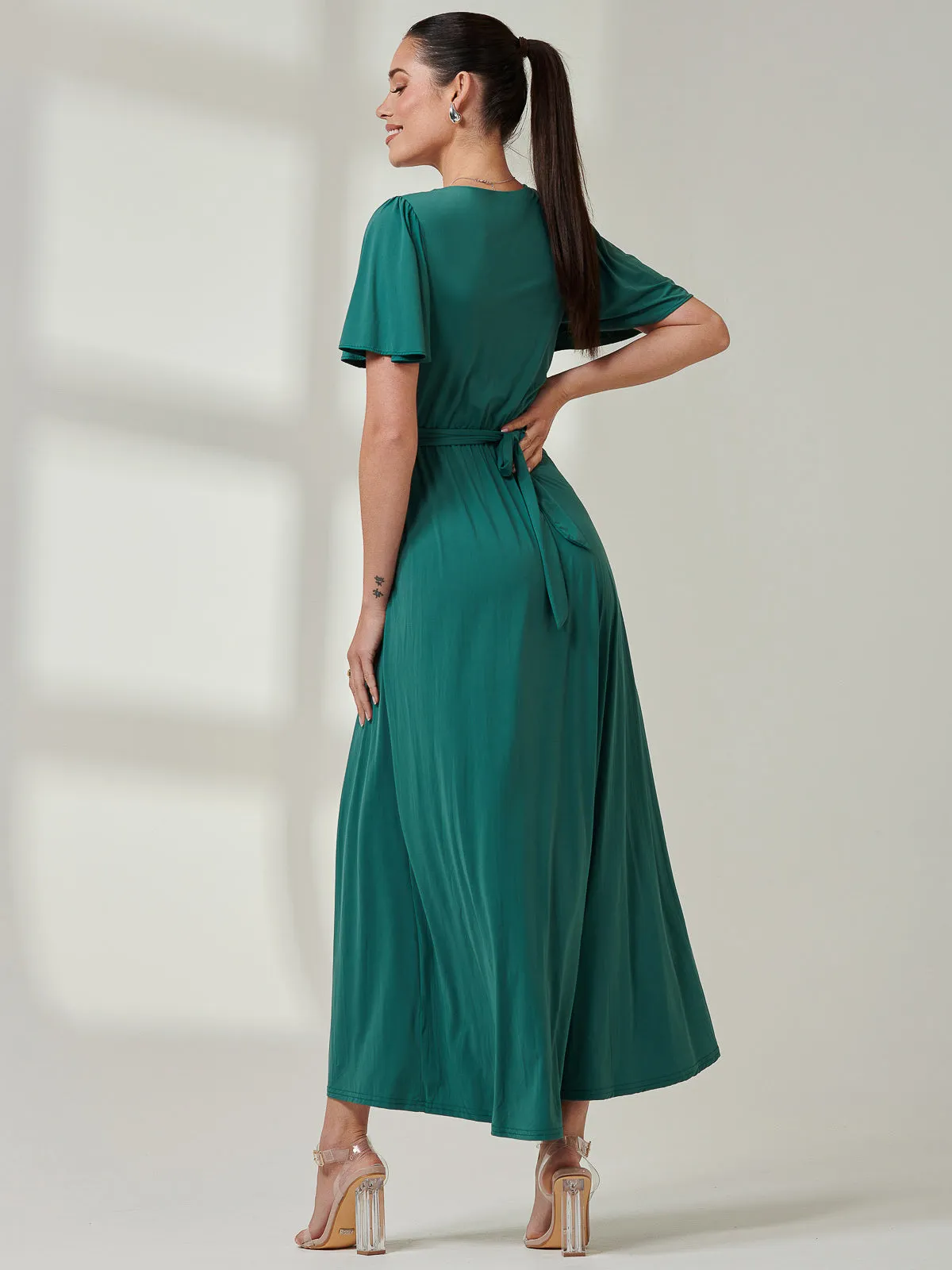 Angel Sleeve Super-Smooth Jersey Maxi Dress, Dark Teal