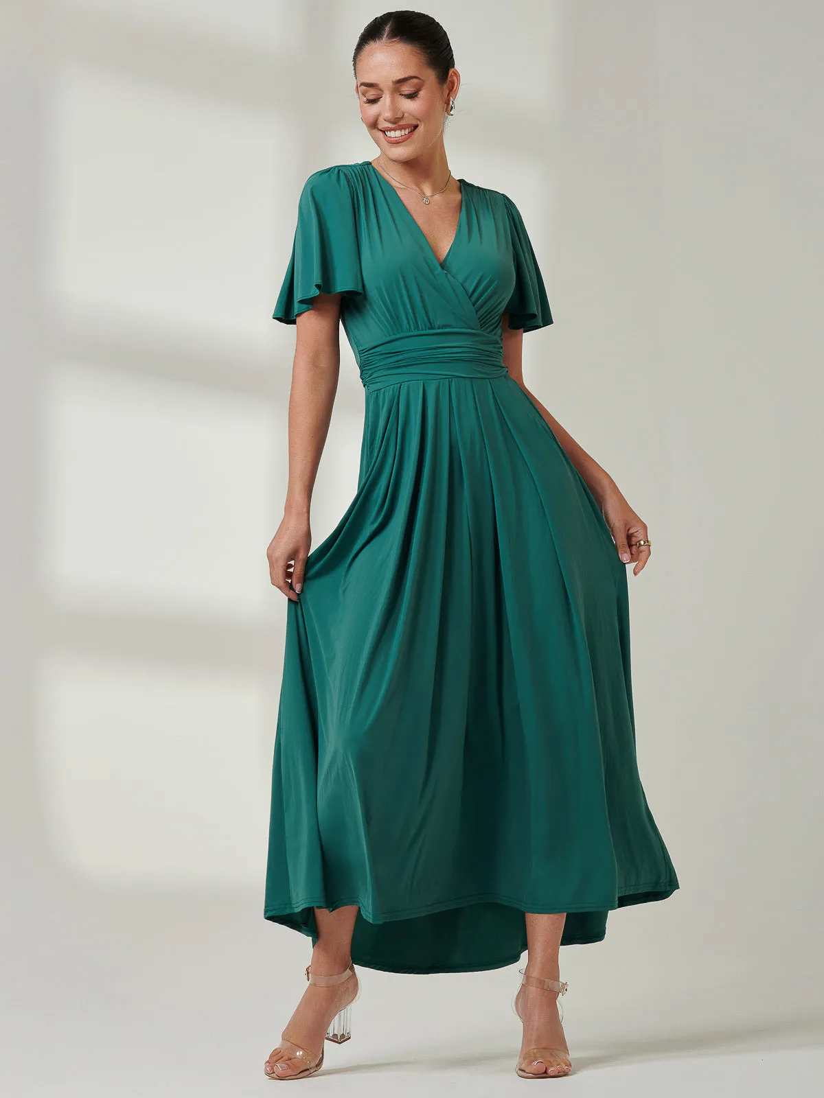 Angel Sleeve Super-Smooth Jersey Maxi Dress, Dark Teal