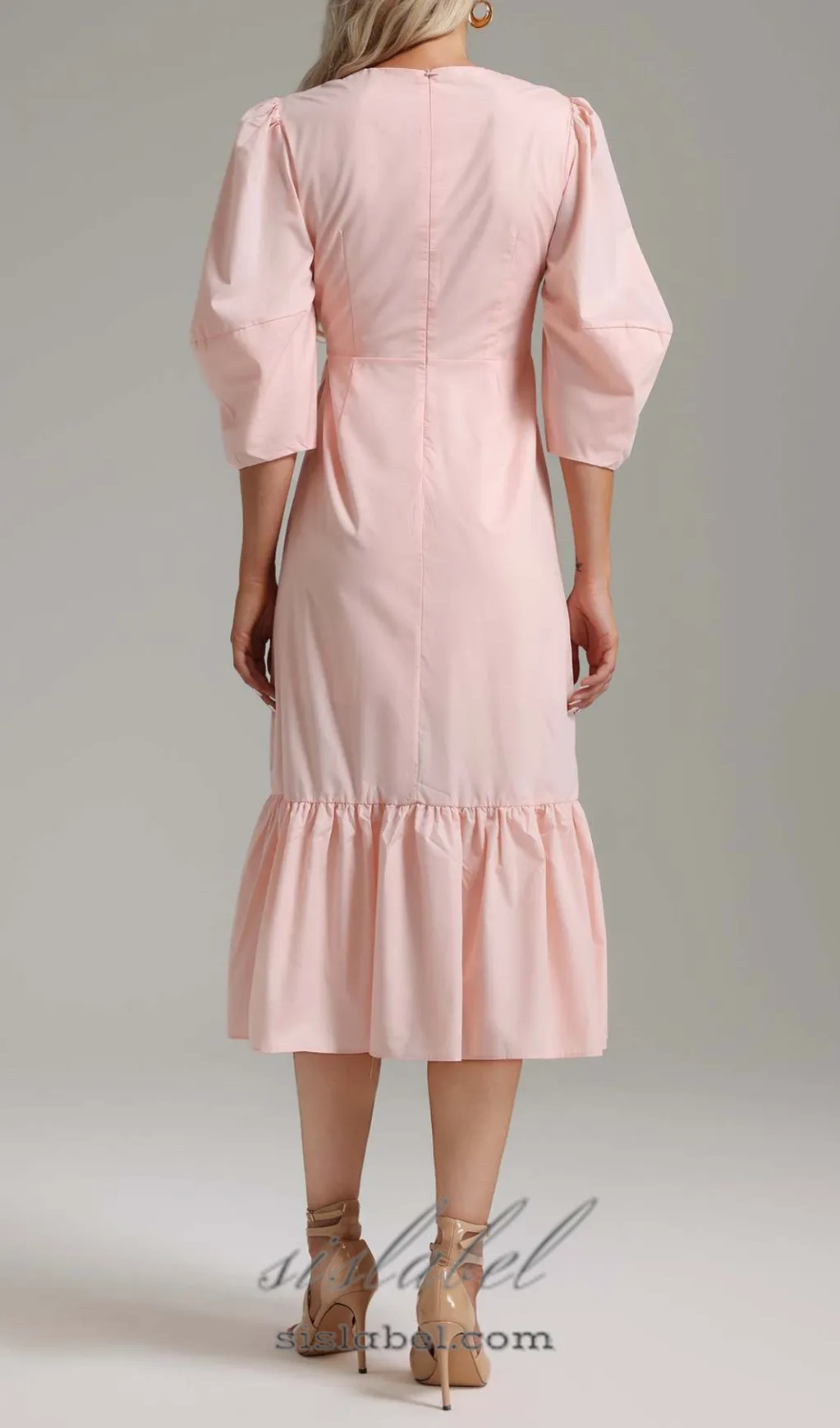 ANTONIA PINK PUFF SLEEVE RUFFLE MIDI DRESS