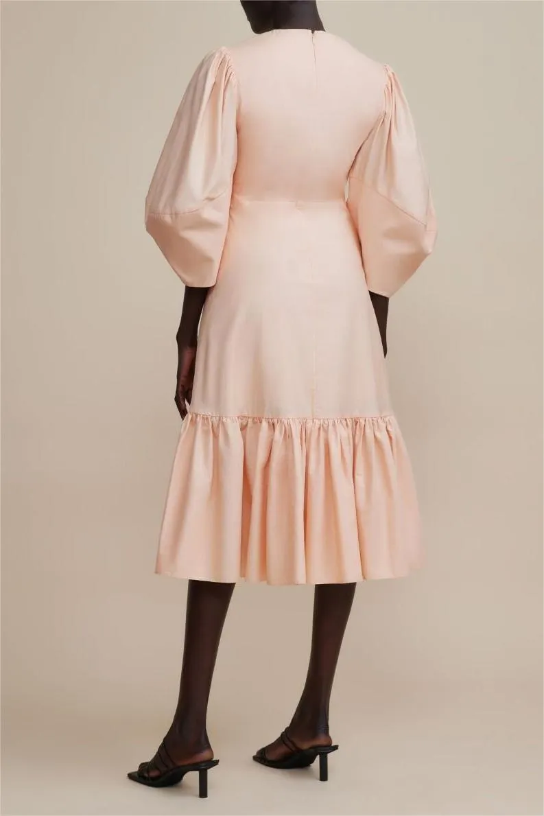 ANTONIA PINK PUFF SLEEVE RUFFLE MIDI DRESS