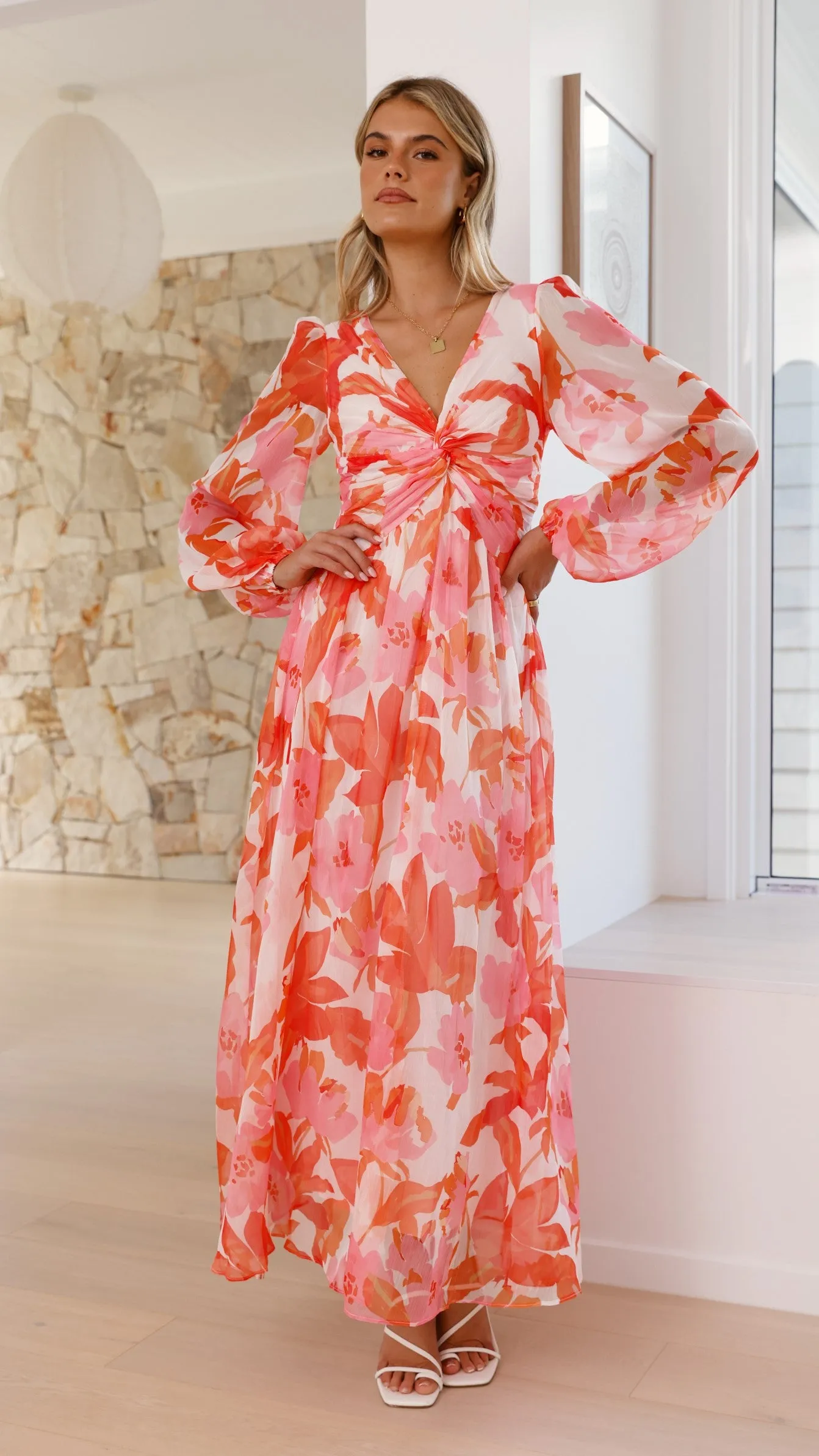 Stylish Aurea Midi Dress in Vibrant Pink/Orange Floral Design