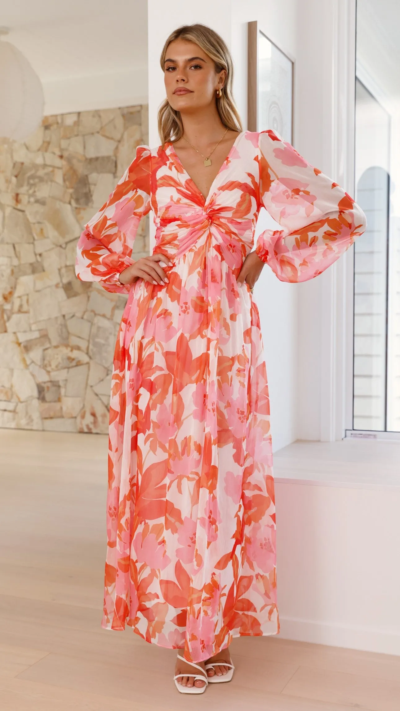 Stylish Aurea Midi Dress in Vibrant Pink/Orange Floral Design