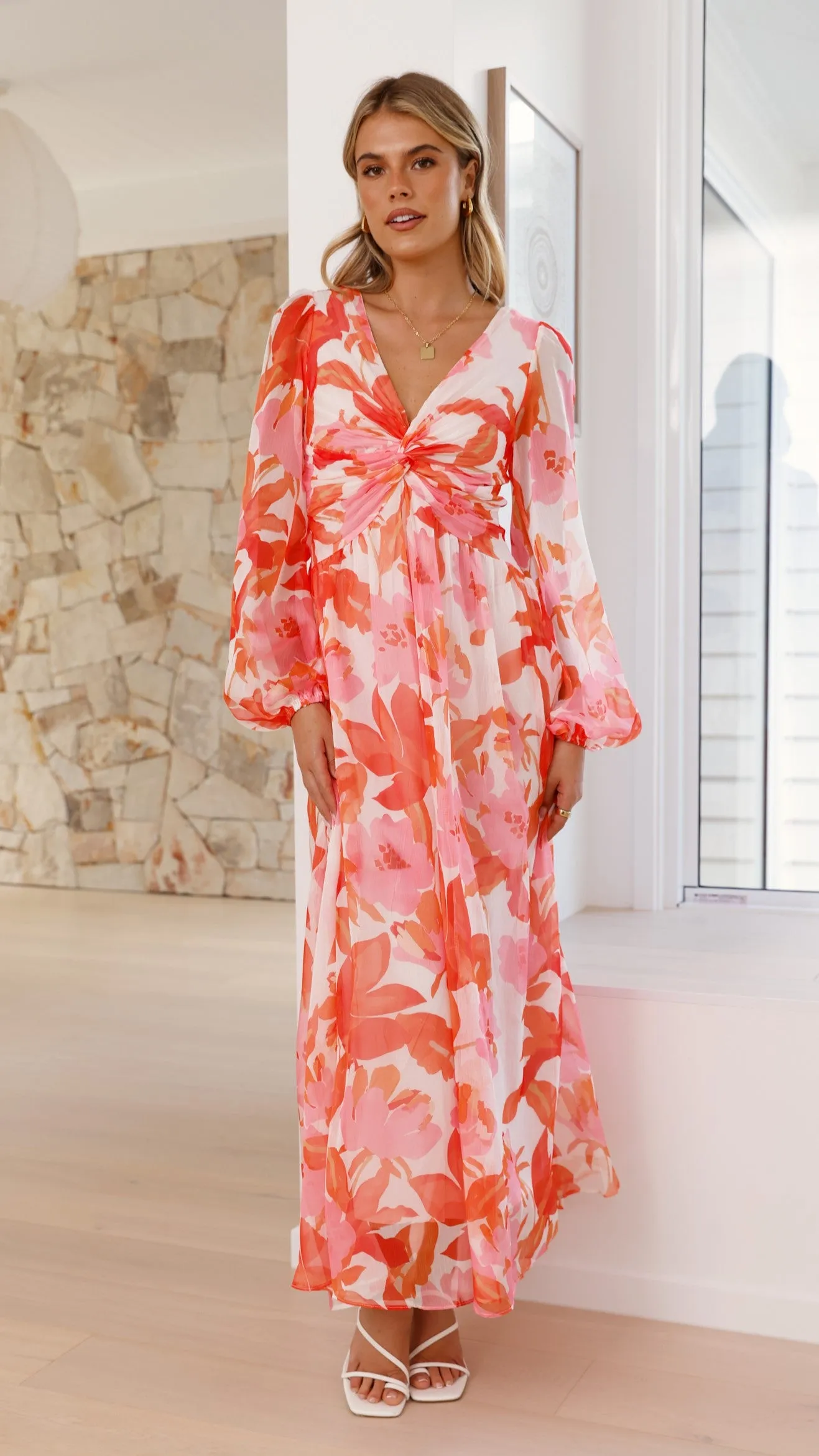 Stylish Aurea Midi Dress in Vibrant Pink/Orange Floral Design