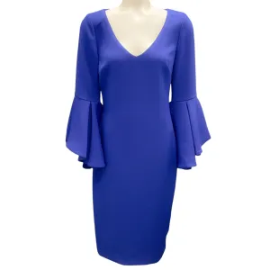 Badgley Mischka Blue Ruffled V-Neck Crepe Midi Dress