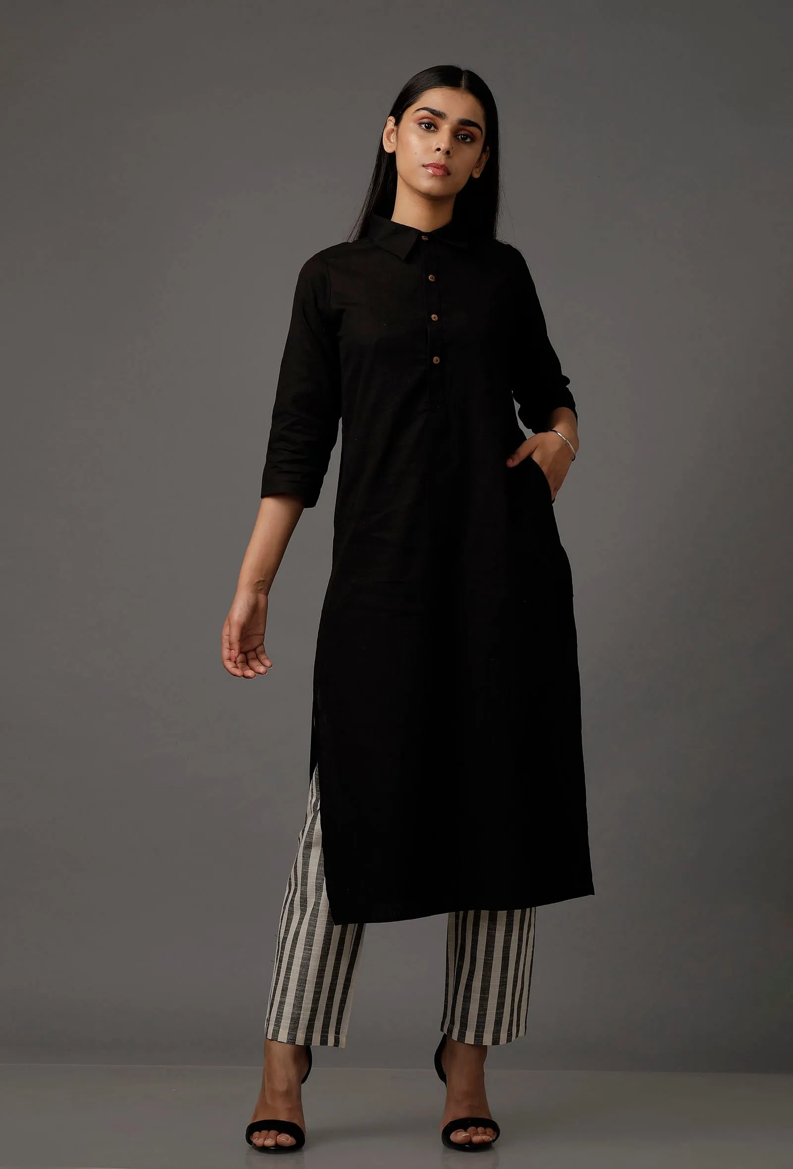 Black Pure Woven Cotton Kurta