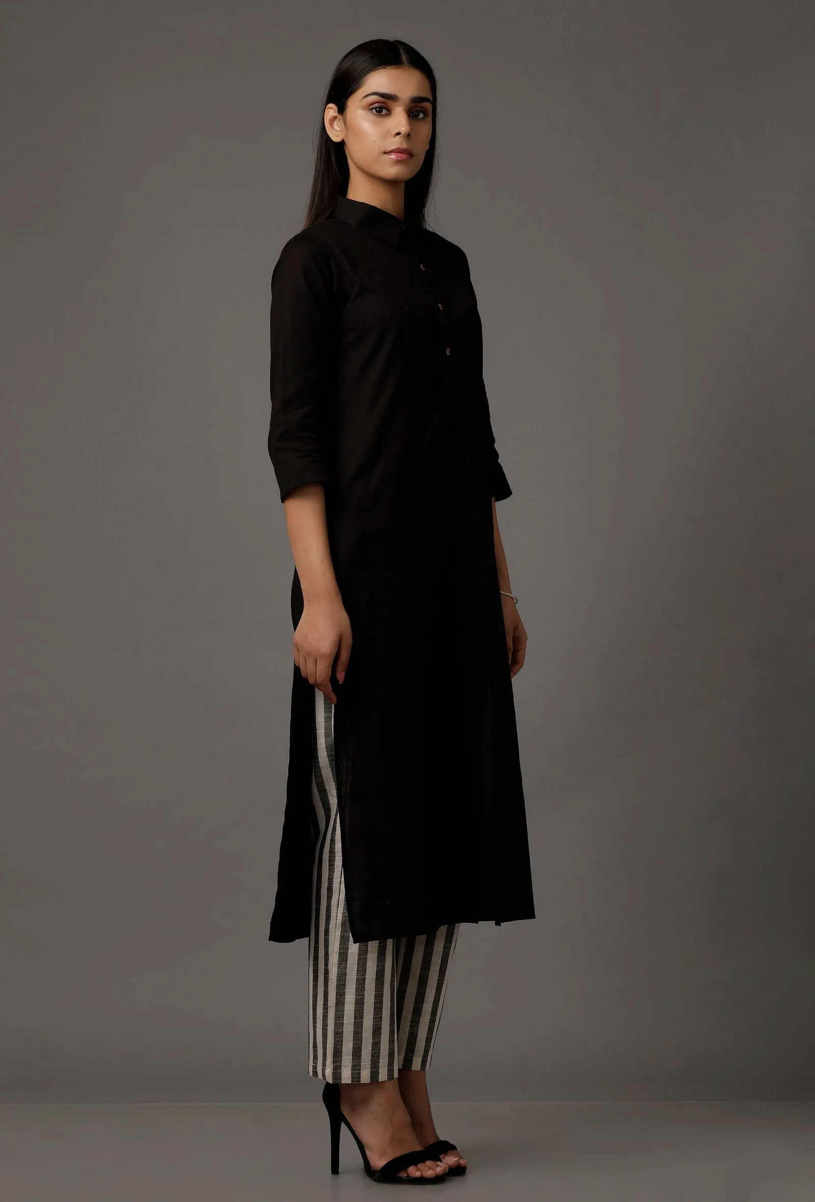 Black Pure Woven Cotton Kurta