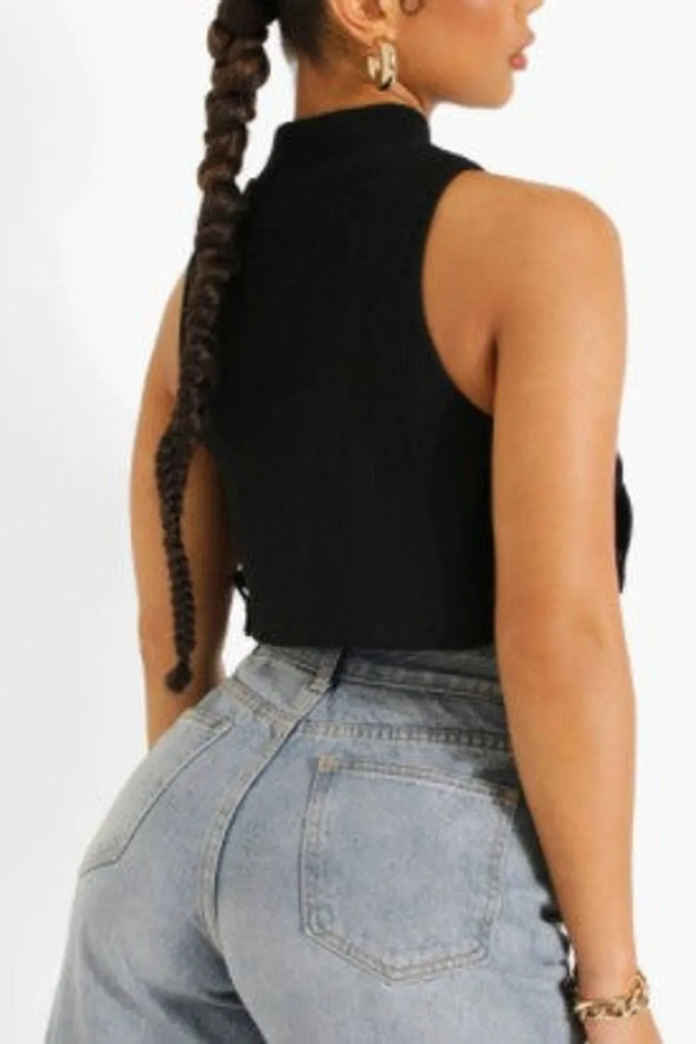 Black Ribbed High Neck Tie Detail Top