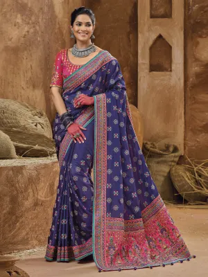 Blue Banarasi Silk Saree With Kachhi Work, Mirror Work and Diamond Work