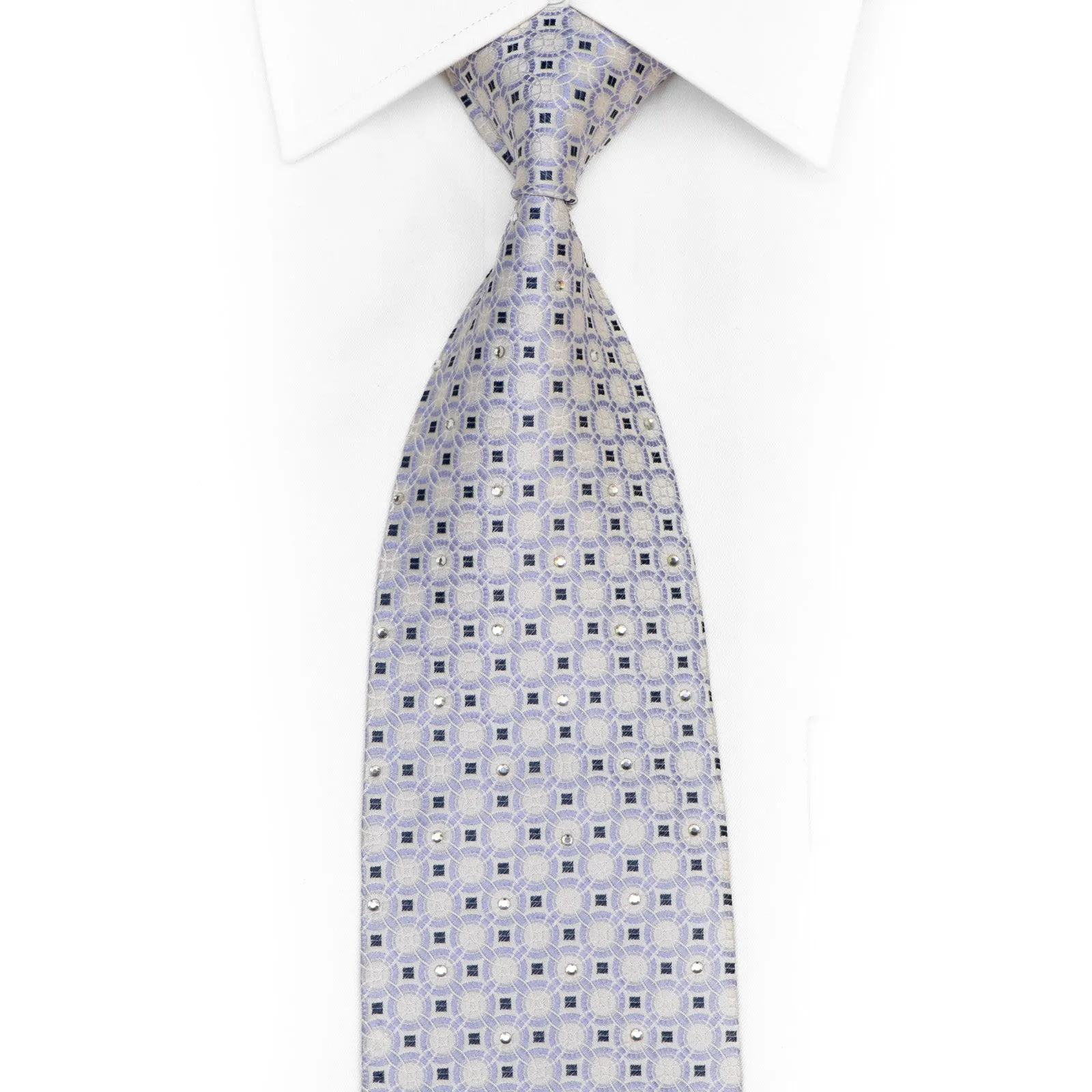 Blue Geometric Circles On White Rhinestone Silk Necktie