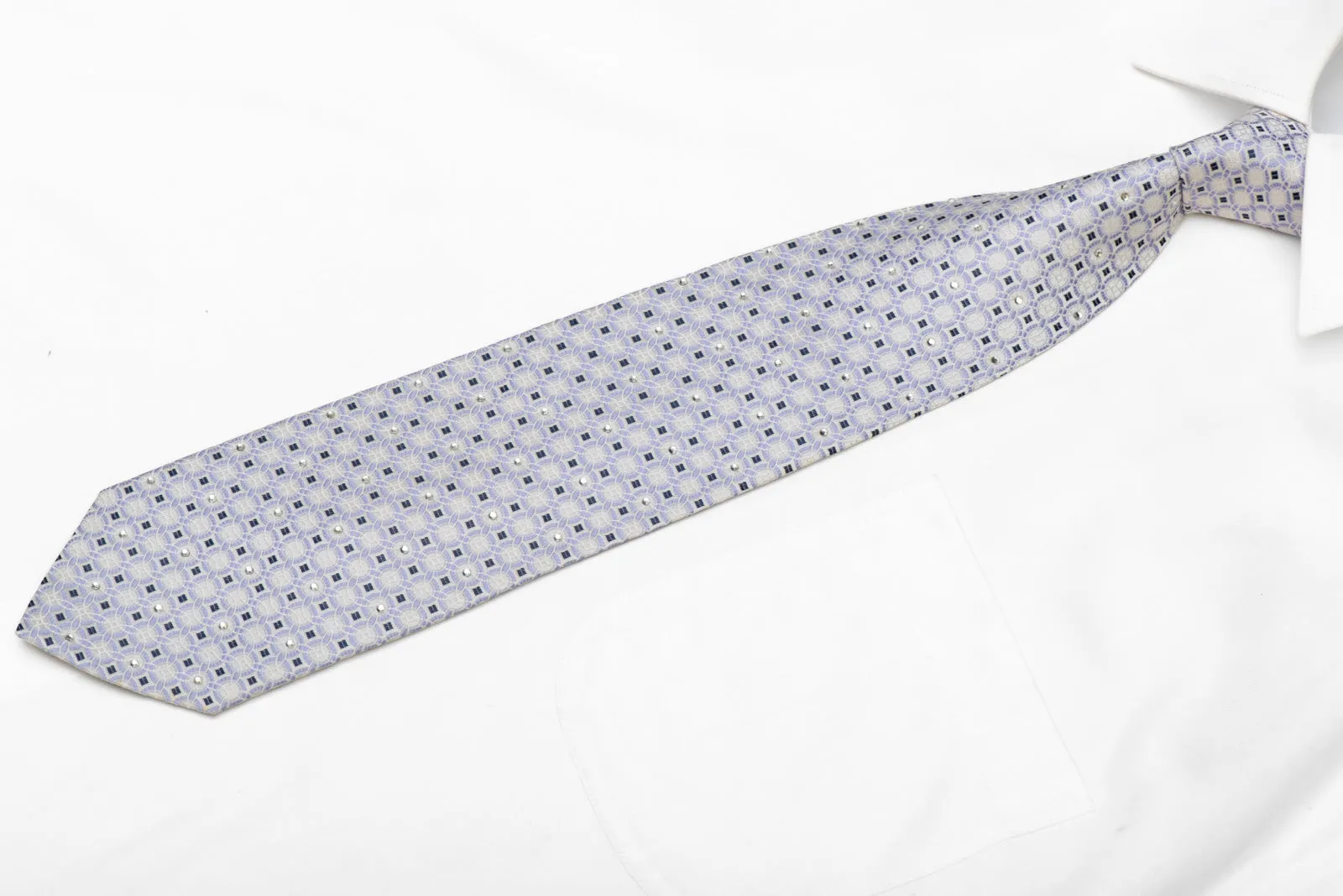 Blue Geometric Circles On White Rhinestone Silk Necktie