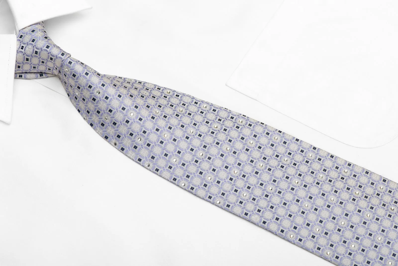 Blue Geometric Circles On White Rhinestone Silk Necktie