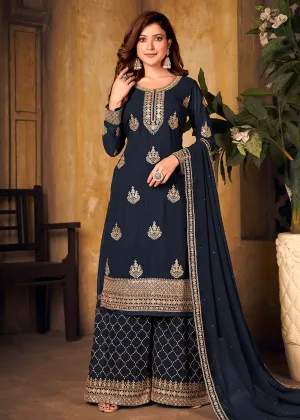 Blue Thread & Zari Embroidered Palazzo Suit with Dupatta