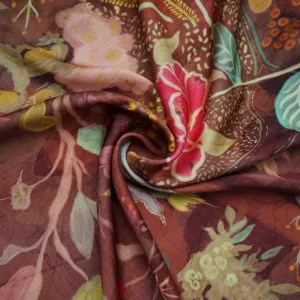 Brown Floral Print Bemberg Silk Fabric 20845