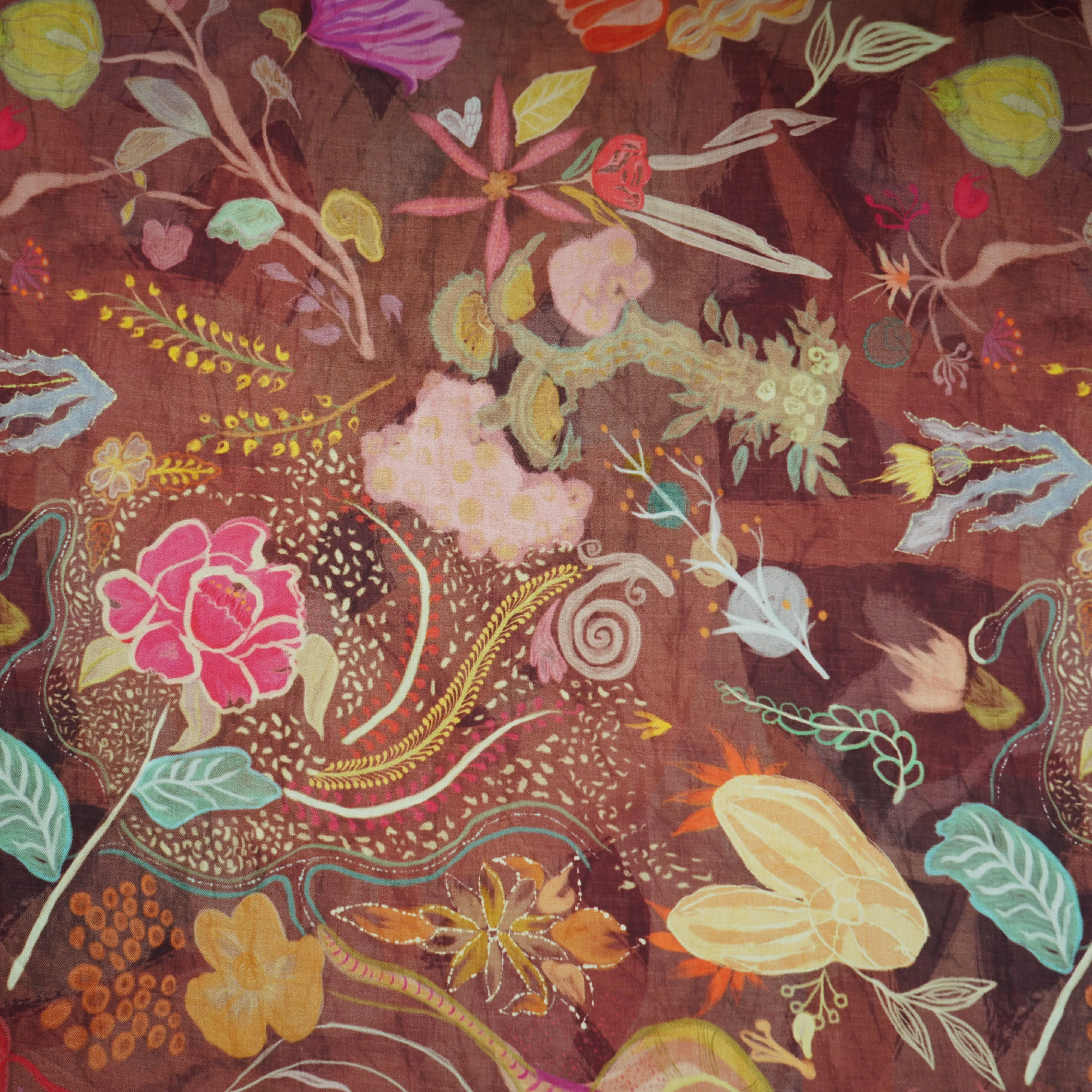 Brown Floral Print Bemberg Silk Fabric 20845