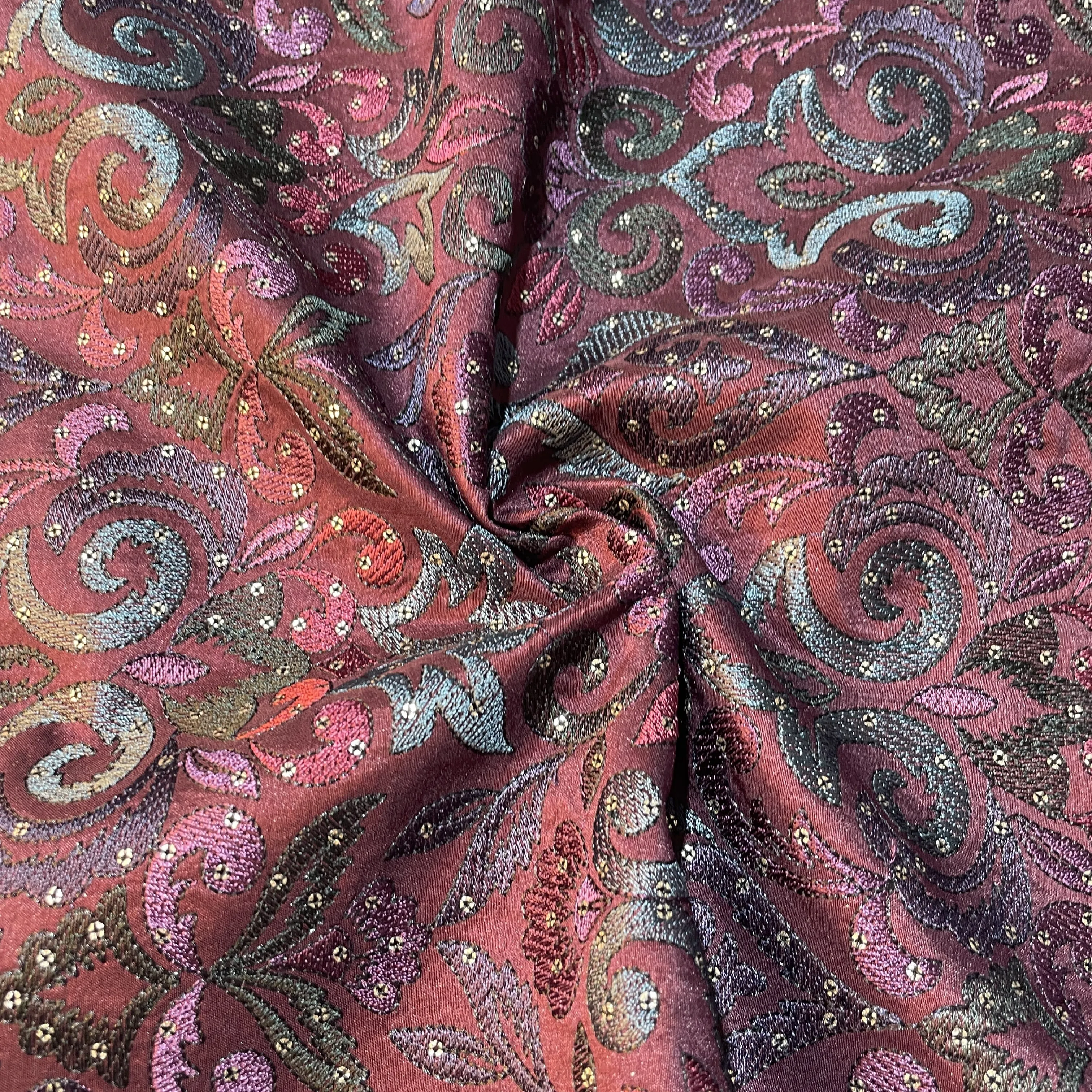 Burgundy Mirror Embroidery Satin Silk Fabric 18372