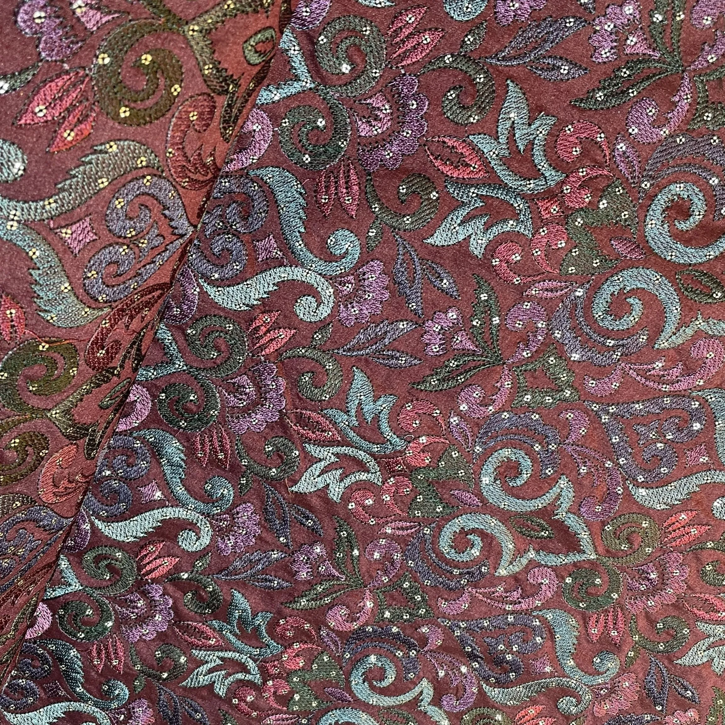 Burgundy Mirror Embroidery Satin Silk Fabric 18372