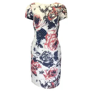 Carolina Herrera White / Red / Blue Floral Printed Short Sleeved Dress