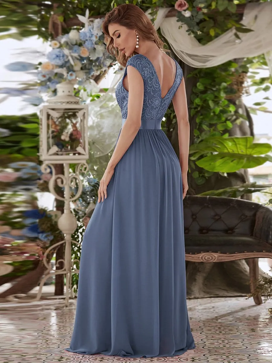 Classic Round Neck V Back Lace Bodice Bridesmaid Dress