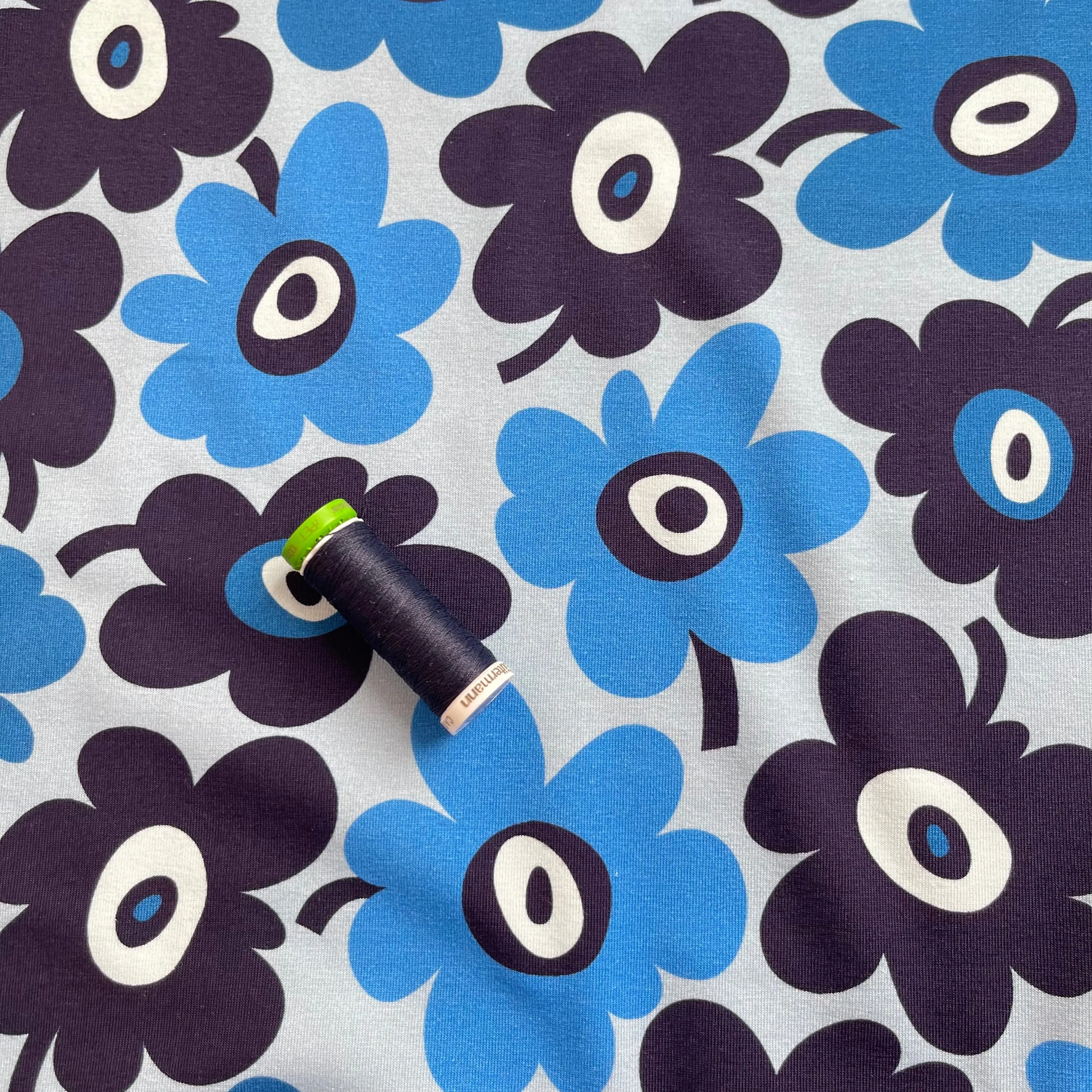 Danish Design - Graphic Flowers Blue Cotton Jersey Fabric