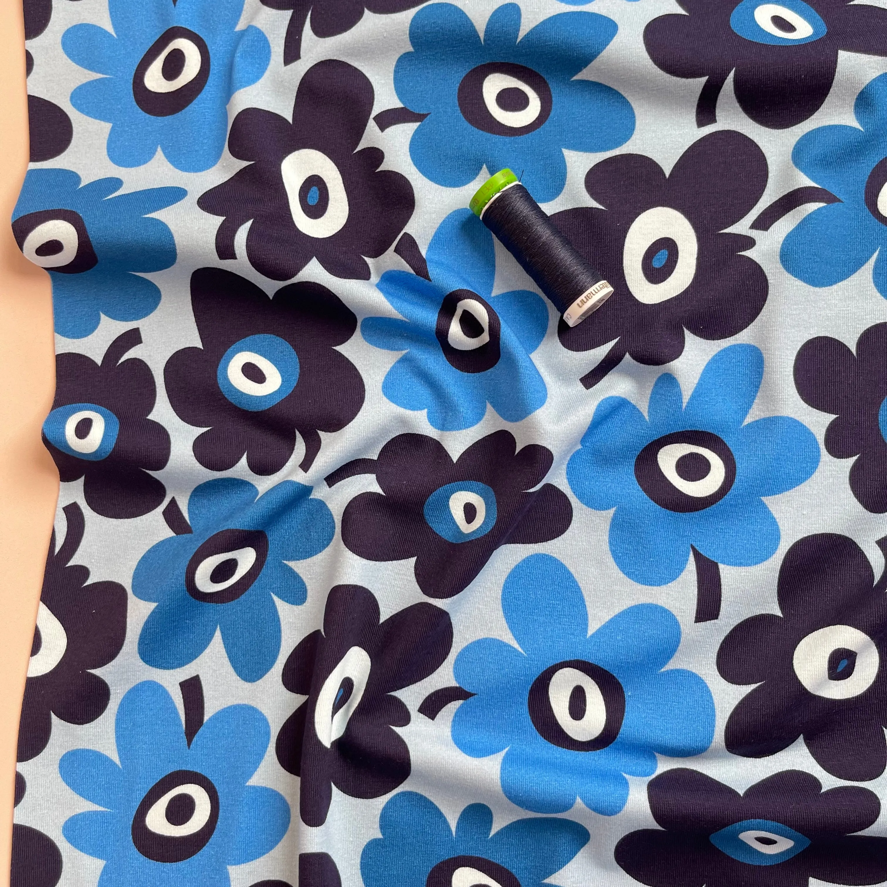 Danish Design - Graphic Flowers Blue Cotton Jersey Fabric