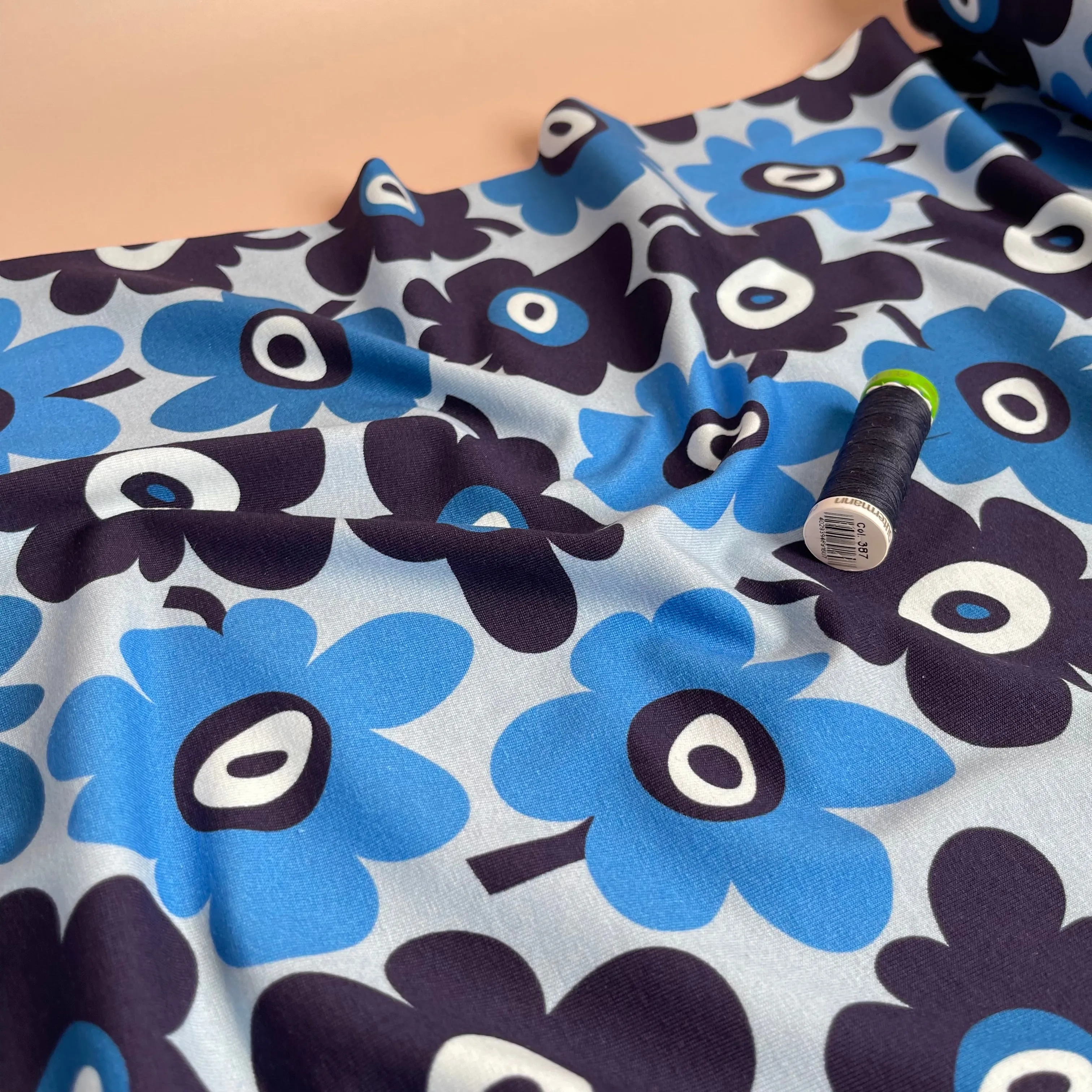 Danish Design - Graphic Flowers Blue Cotton Jersey Fabric