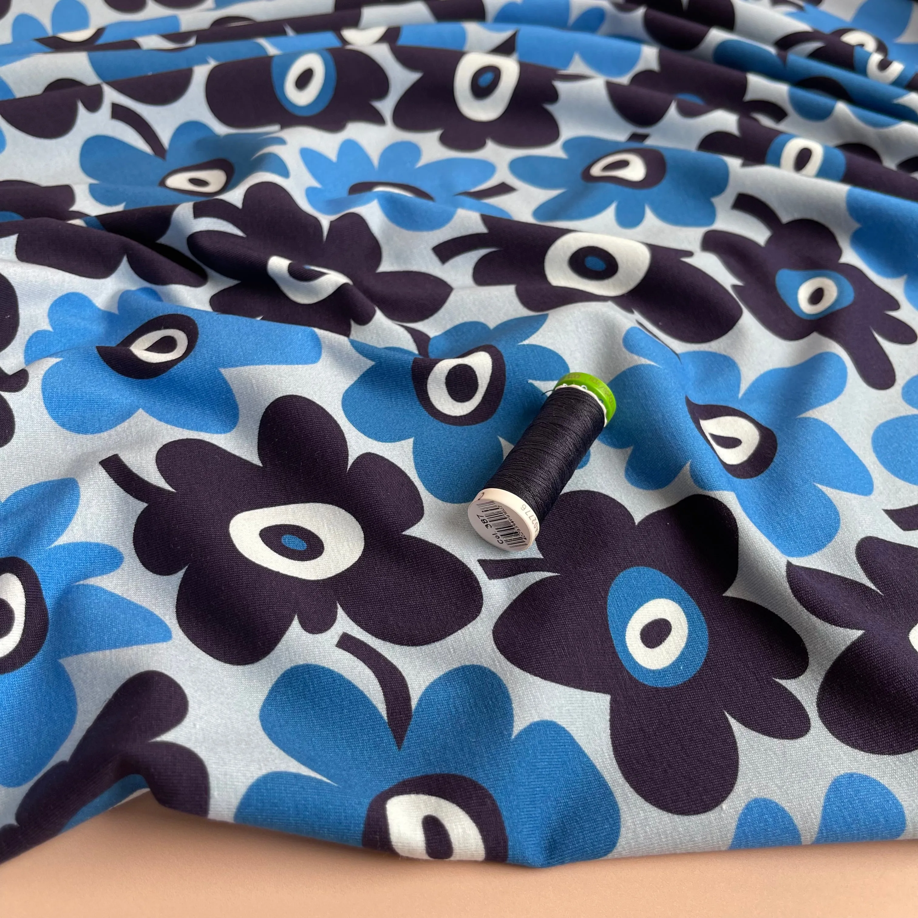 Danish Design - Graphic Flowers Blue Cotton Jersey Fabric