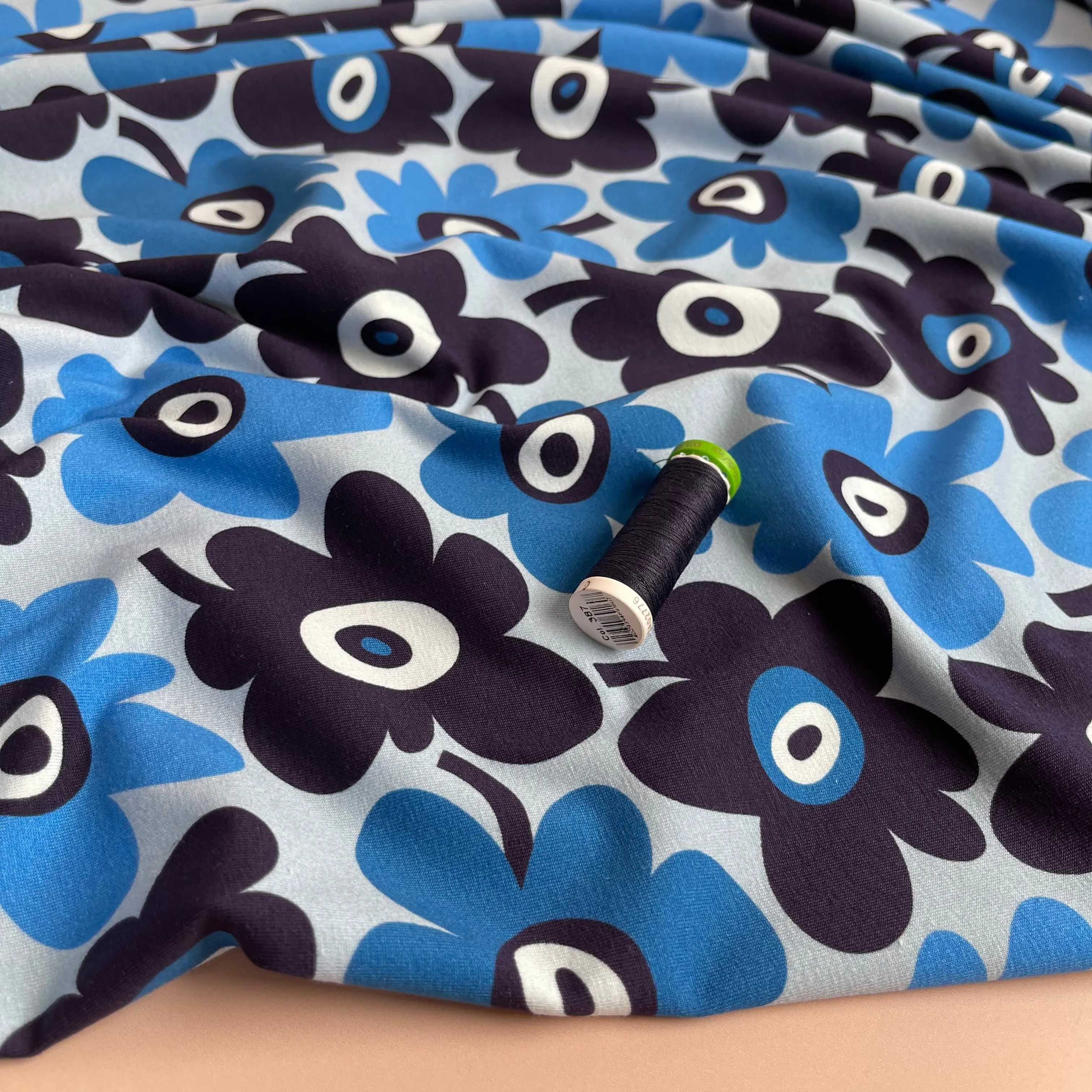 Danish Design - Graphic Flowers Blue Cotton Jersey Fabric