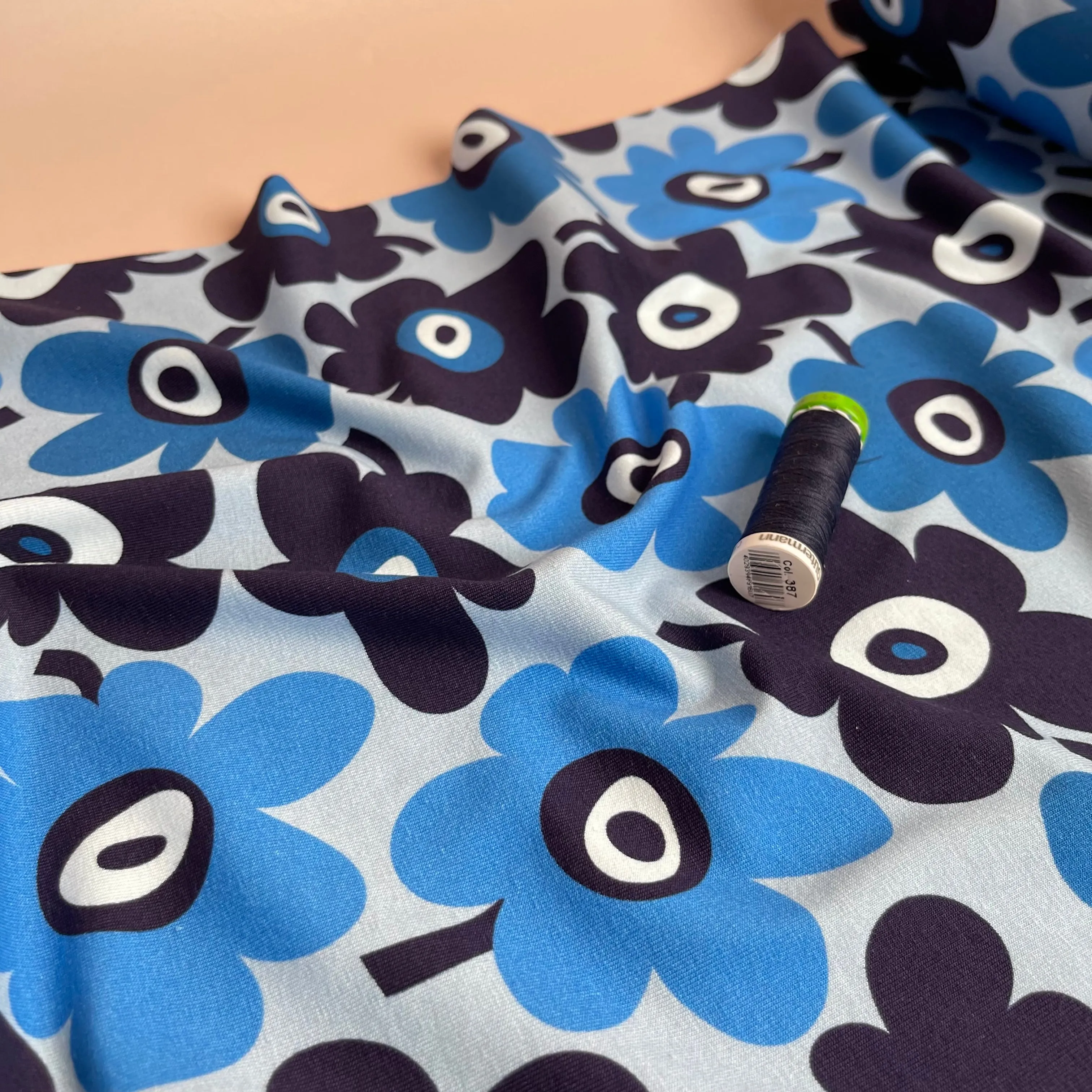 Danish Design - Graphic Flowers Blue Cotton Jersey Fabric