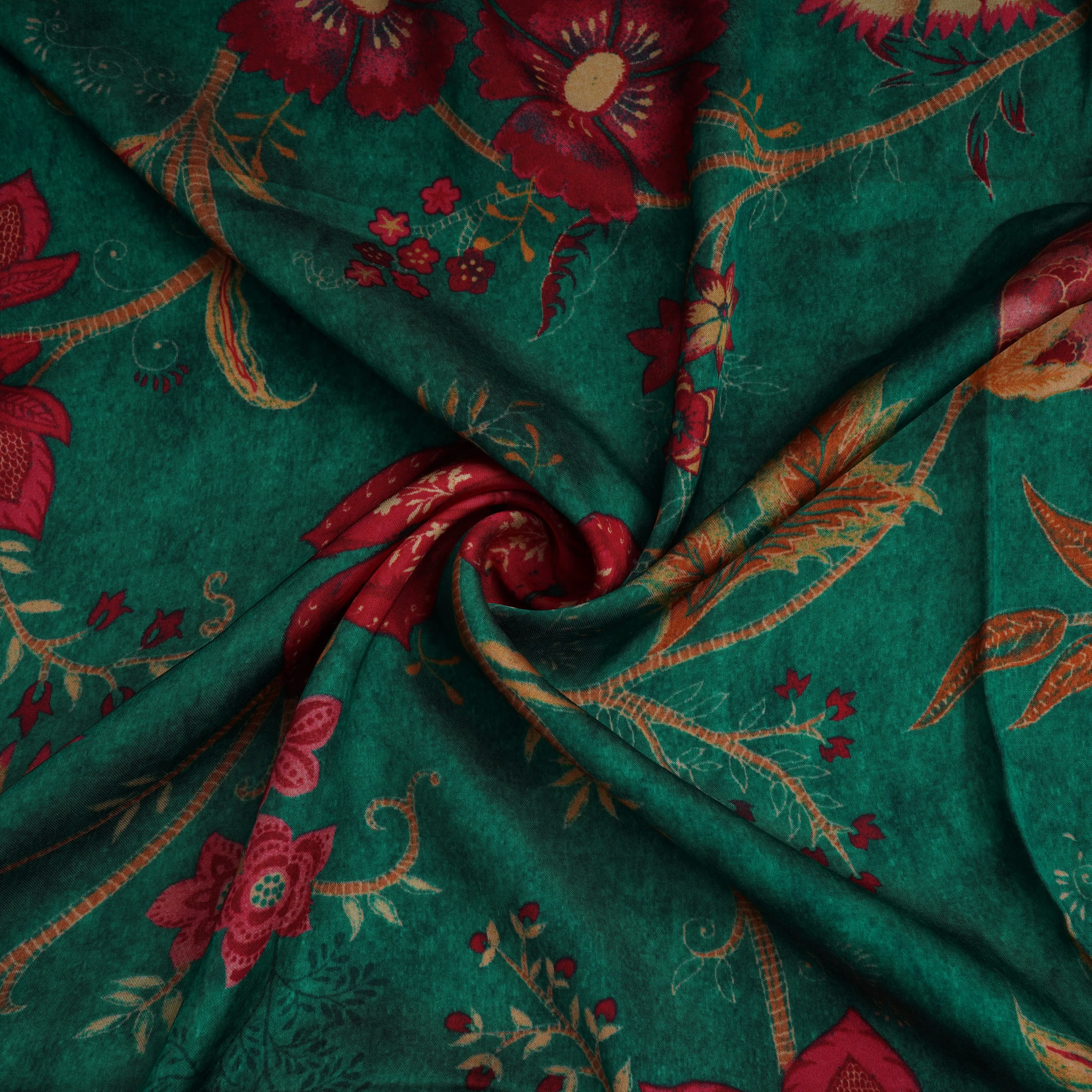 Dark Green Floral Print Bemberg Gajji Silk 20962