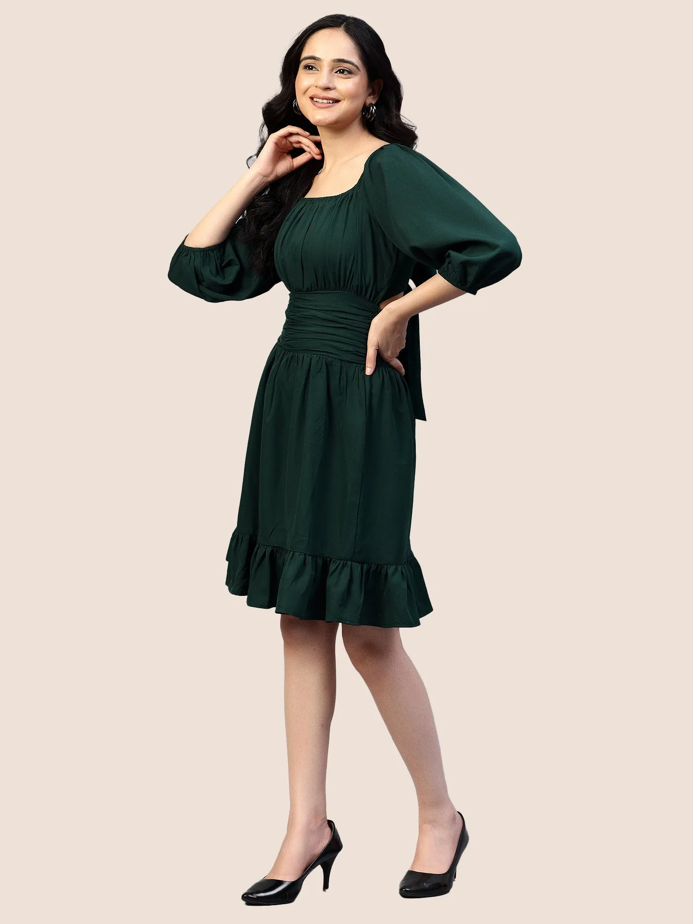 Dark Green Waist Belt Frill Dress