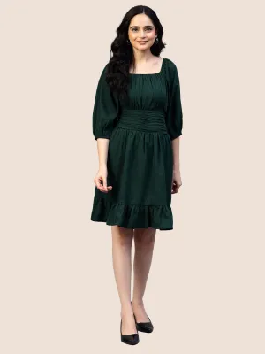 Dark Green Waist Belt Frill Dress